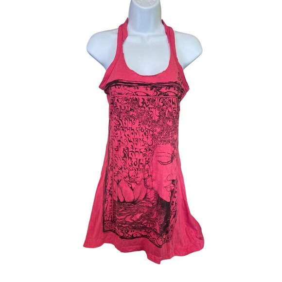 Sute Womens Racerback Tank Top Small Pink Buddha Print Cotton Distressed Boho - Picture 1 of 6
